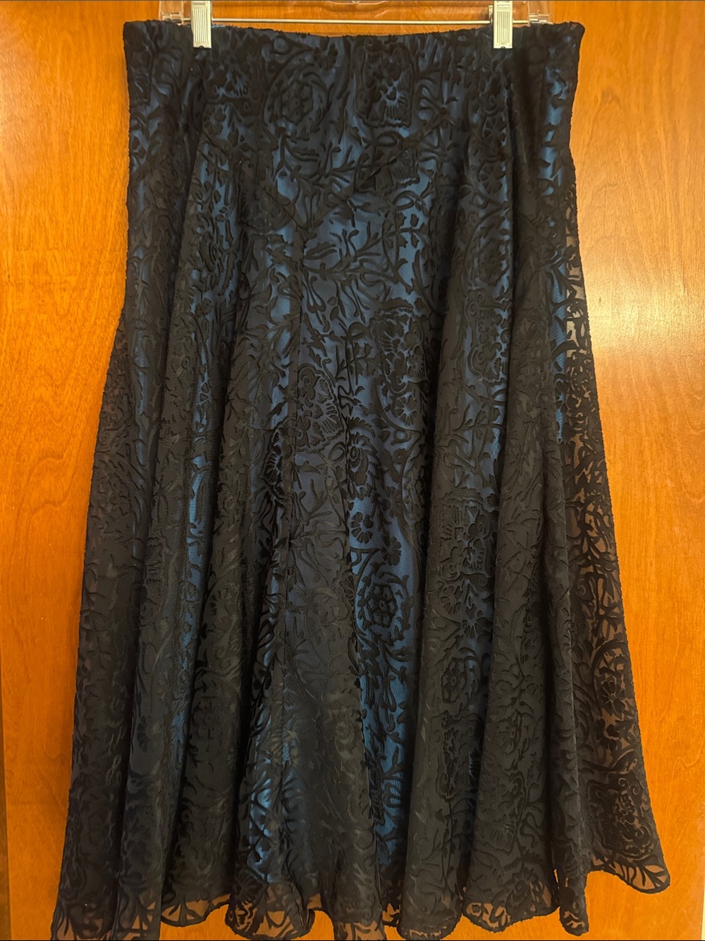 Coldwater Creek Black and Blue Floral Burnout A-Line Midi Skirt
